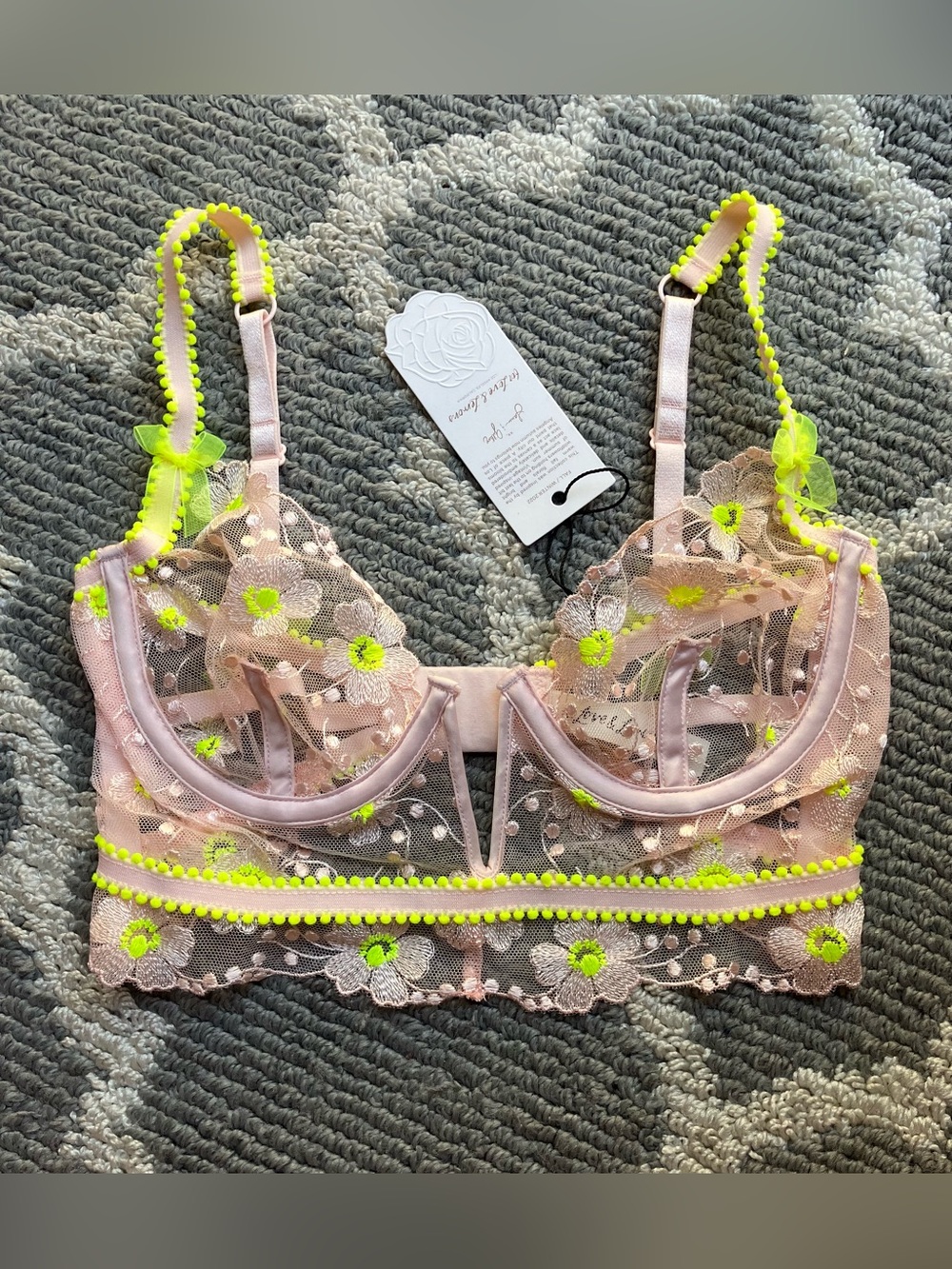 For Love & Lemons Pink Lace Bralette with Neon Yellow Accents